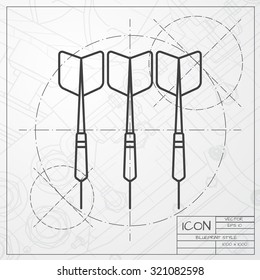 Vector classic blueprint of darts icon on engineer and architect background 