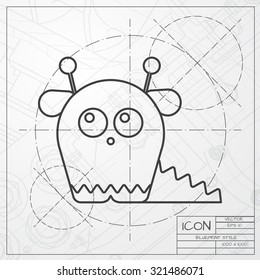 Vector classic blueprint of dinosaur monster icon on engineer and architect background 
