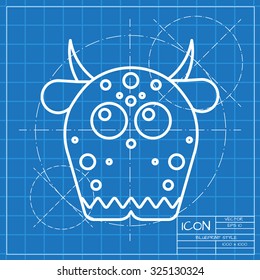 Vector classic blueprint of dinosaur monster icon on engineer and architect background 