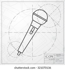 Vector classic blueprint of hand microphone icon on engineer and architect background 