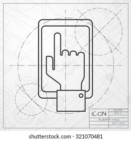 Vector classic blueprint of hand of the person with the phone on engineer and architect background . Concept of communication in the network 