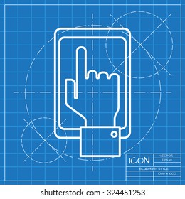 Vector classic blueprint of hand of the person with the phone on engineer and architect background . Concept of communication in the network 