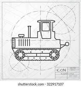 Vector classic blueprint of heavy machine icon on engineer and architect background 