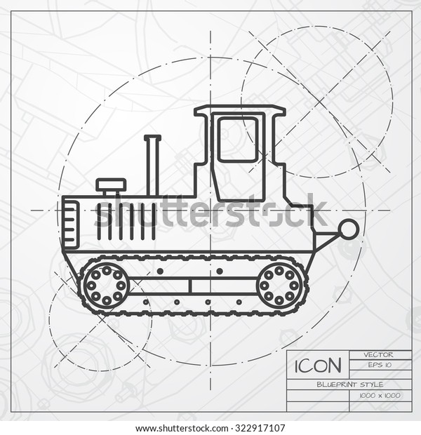 Vector classic blueprint of heavy machine\
icon on engineer and architect background\
