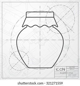 Vector classic blueprint of homemade jam bottle template on engineer and architect background 