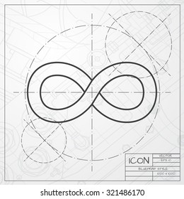 Vector classic blueprint of infinity icon on engineer and architect background 