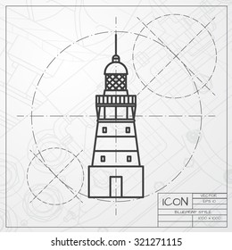 Vector classic blueprint of lighthouse icon on engineer and architect background 