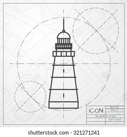 Vector classic blueprint of lighthouse icon on engineer and architect background 
