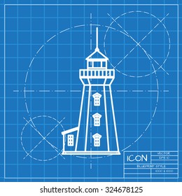 Vector classic blueprint of lighthouse icon on engineer and architect background 