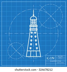 Vector classic blueprint of lighthouse icon on engineer and architect background 