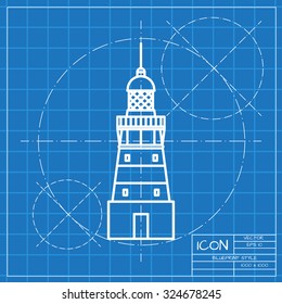 Vector classic blueprint of lighthouse icon on engineer and architect background 