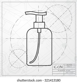 Vector classic blueprint of liquid soap bottle on engineer and architect background . Cosmetic icon 