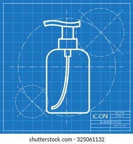Vector classic blueprint of liquid soap bottle on engineer and architect background . Cosmetic icon 