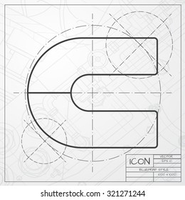 Vector classic blueprint of magnet icon on engineer and architect background 