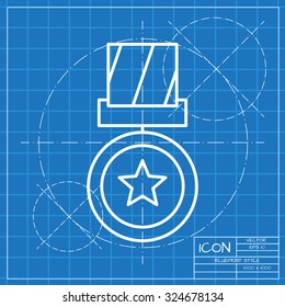 Vector classic blueprint of medal icon on engineer and architect background . Winner award 