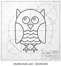 Vector classic blueprint of owl icon on engineer and architect background 