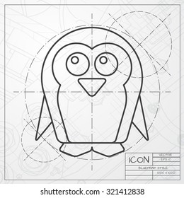 Vector classic blueprint of penguin icon on engineer and architect background 