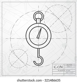 Vector classic blueprint of physics dynamometer for laboratory work on engineer and architect background 