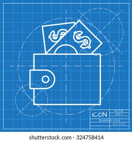 Vector classic blueprint of purse icon on engineer and architect background 