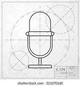 Vector classic blueprint of retro microphone icon on engineer and architect background 