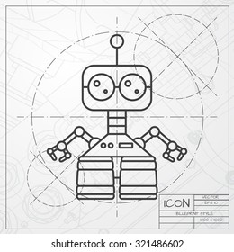 Vector classic blueprint of retro robot toy icon on engineer and architect background 