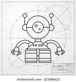 Vector classic blueprint of retro robot toy icon on engineer and architect background 