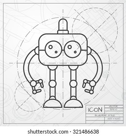 Vector classic blueprint of retro robot toy icon on engineer and architect background 