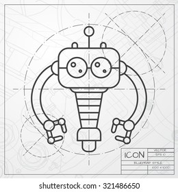 Vector classic blueprint of retro robot toy icon on engineer and architect background 