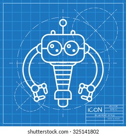 Vector classic blueprint of retro robot toy icon on engineer and architect background 
