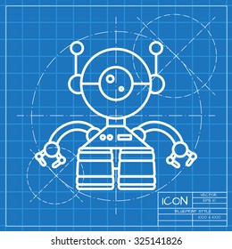 Vector classic blueprint of retro robot toy icon on engineer and architect background 