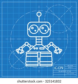 Vector classic blueprint of retro robot toy icon on engineer and architect background 
