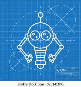 Vector classic blueprint of retro robot toy icon on engineer and architect background 