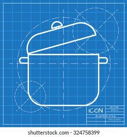 Vector classic blueprint of saucepan icon on engineer and architect background 