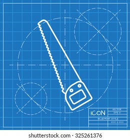 Vector classic blueprint of saw icon on engineer and architect background . Industrial equipment 