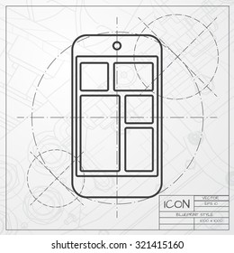 Vector classic blueprint of smartphone icon on engineer and architect background 