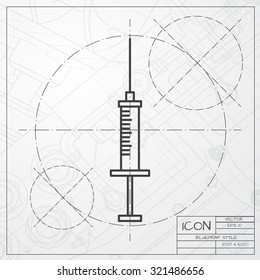 Vector classic blueprint of syringe icon on engineer and architect background 