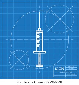Vector classic blueprint of syringe icon on engineer and architect background 