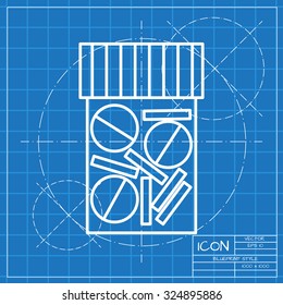 Vector classic blueprint of tablet bottle on engineer and architect background . Health icon 