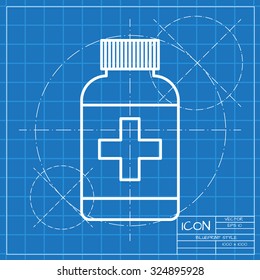 Vector classic blueprint of tablet bottle on engineer and architect background . Health icon 