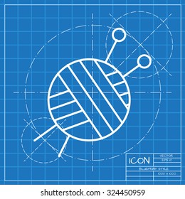 Vector classic blueprint of tailor ravel ball of yarn for knitting icon on engineer and architect background 