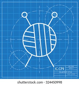 Vector classic blueprint of tailor ravel ball of yarn for knitting icon on engineer and architect background 