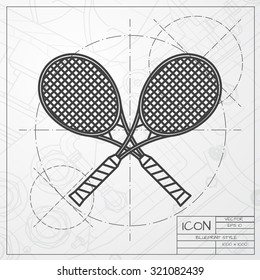 Vector classic blueprint of tennis rackets icon on engineer and architect background 