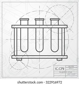 Vector classic blueprint of test-tube icon on engineer and architect background 