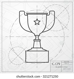 Vector classic blueprint of trophy goblet icon on engineer and architect background . Winner award 