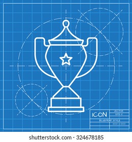 Vector classic blueprint of trophy goblet icon on engineer and architect background . Winner award 