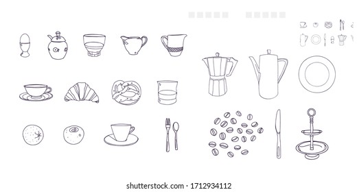 Vector classic breakfast food icon set. Realistic dishes, food illustration set in line art style. Elegant kit. Food set. Surface pattern design.