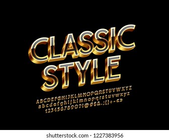 Vektor Classic Bright 3D Font. Schwarz und Golden rotierten Alphabet-Buchstaben, Zahlen und Symbole.