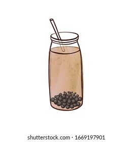 Vector classic bubble tea illustration, wateroclor painting, colorful icon template isolated on white background, hand drawn.