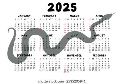 Vector classic calendar 2025 year with snake silhouette  Horizontal calendar week starts Sunday. Yearly organizer. Simple calendar template in minimalist design.