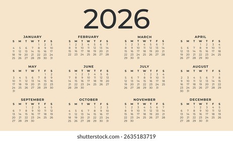 Vector classic calendar for 2026. Week starts on Sunday. Desk or wall calendar in minimalist style